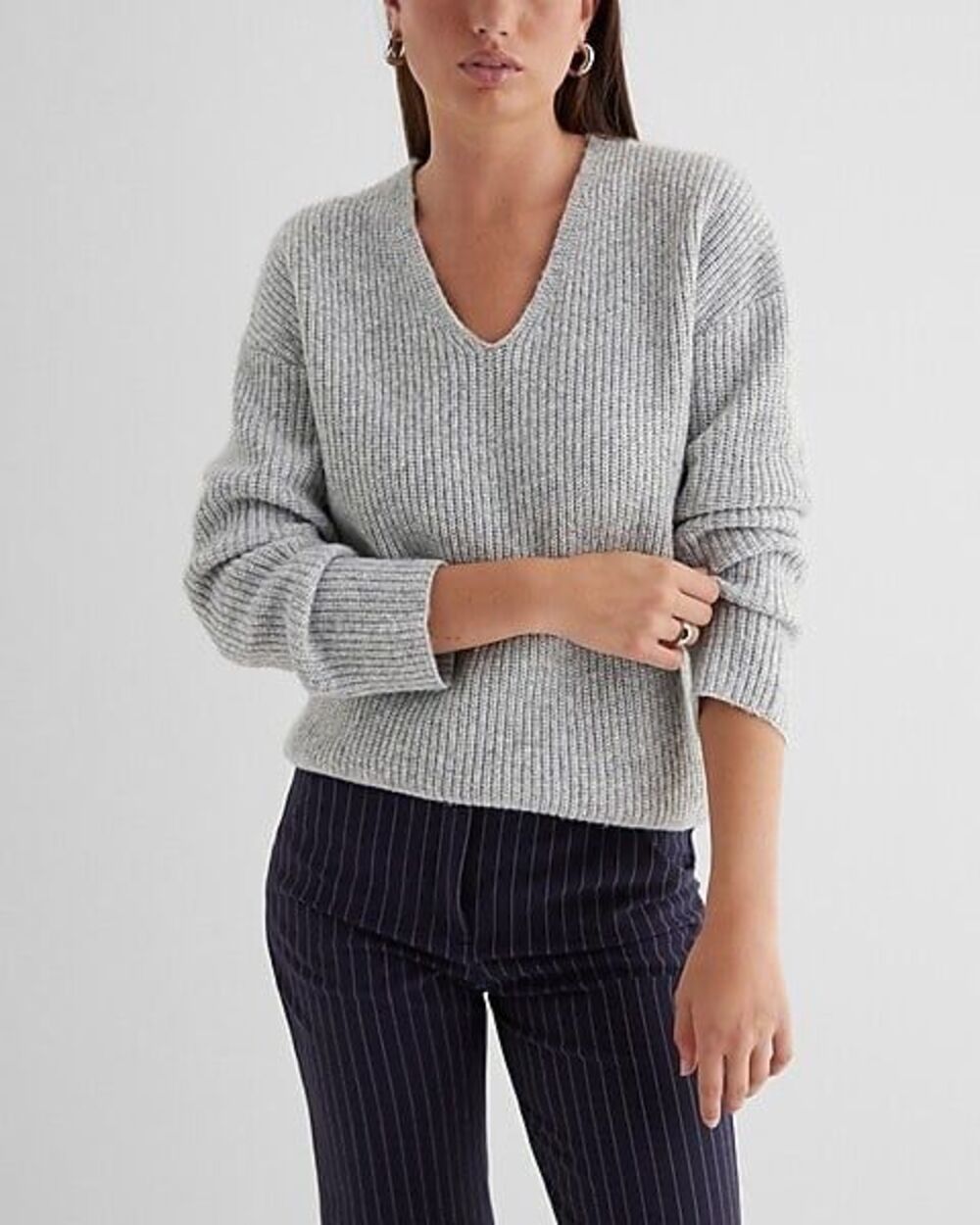 Express Ribbed V-Neck Tunic Gray Sweater Small